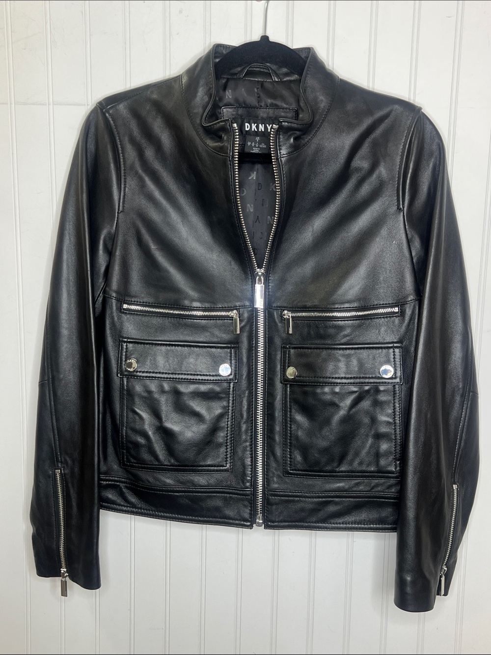 DKNY Black Leather Moto Jacket with Front Pockets Small